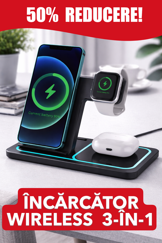 Stație de Încărcare Wireless 3-în-1 cu Încărcare Rapidă 15W – Compatibilă cu Orice Telefon, Smartwatch și Căști